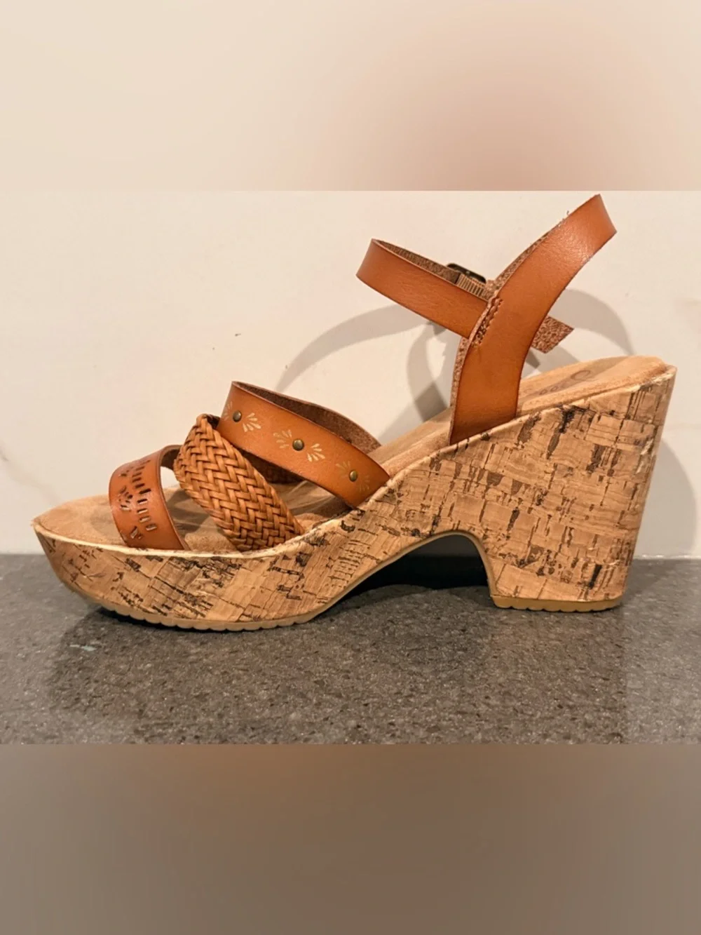 Jelly Pop Memory Foam Woven Tan Cork Wedge Sandals with Buckle Strap - Picture 6 of 11